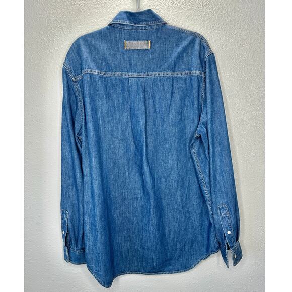 Versace Blue Denim Long Sleeve Pearl Snap Yellow Versace Logo Shirt 41 / Medium - Picture 10 of 16